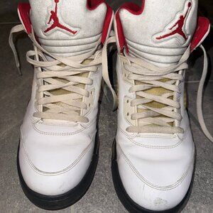 Nike Men's Size 12 US Jordan 5 Retro Fire Red White Leather Sneakers 1990